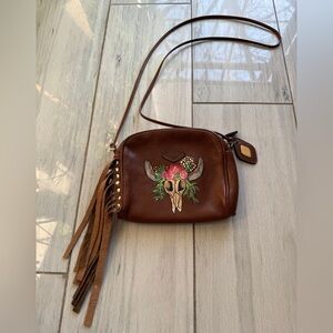 Hand painted Longhorn Genuine Leather Isanti Crossbody Bag Western Boho …